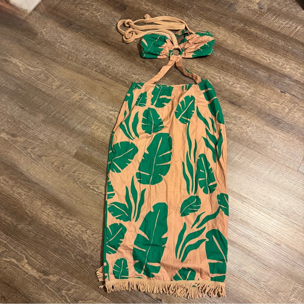 Womens Green Leaf Print Midi Dress Sz M Tropical Vacation Sexy - Picture 2 of 4